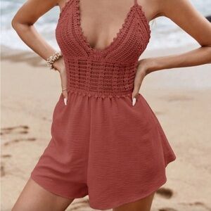 SHEIN Crochet Halter Romper in Warm Brown